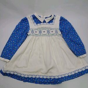 Vintage Polly Flinders Hand Smocked Girls Dress Blue Floral Lace Collar Size 5